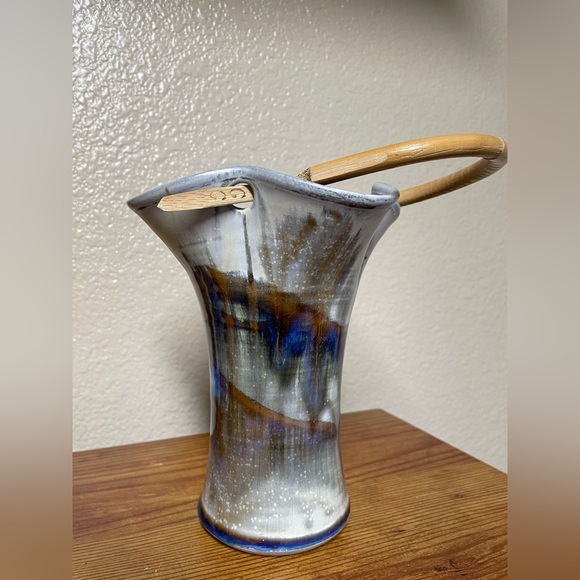Glazed Ceramic Brown, Blue, Tan, Wooden Handle Decorative Signed Dudley Vase - Picture 1 of 14